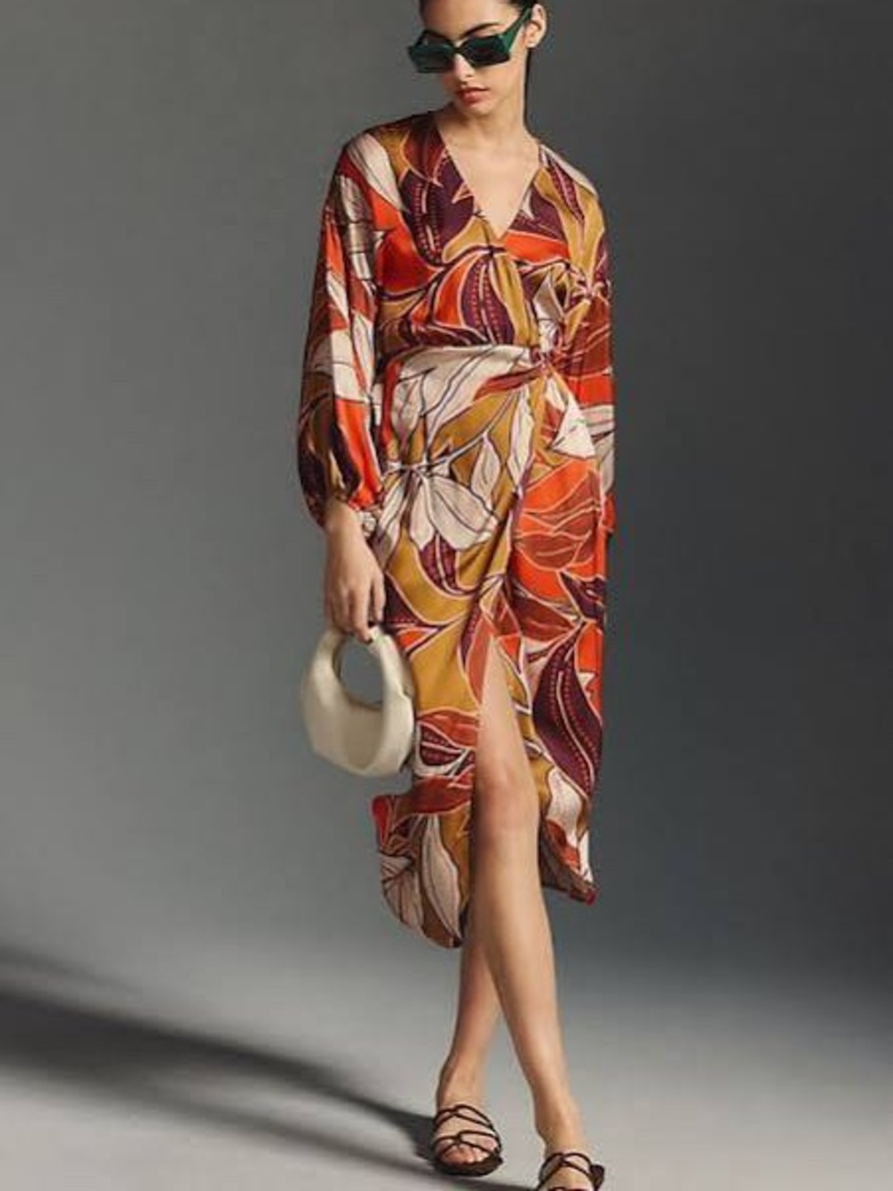 Anthropologie Tropical earth Tone Leaf Print Faux Wrap Midi Dress M